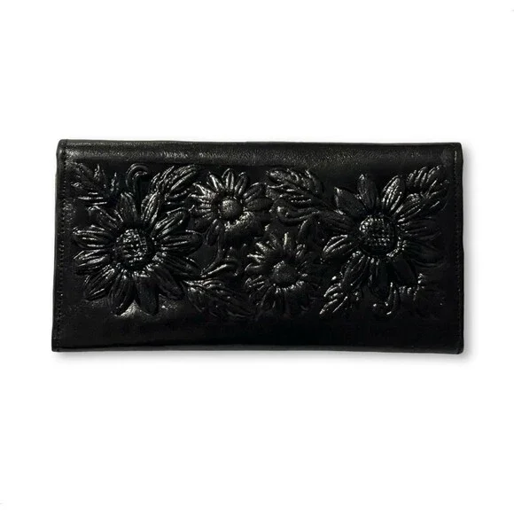 Mexican Embossed Leather Wallet Shiny Black Checkbook Flowers Handmade New - Picture 2 of 8